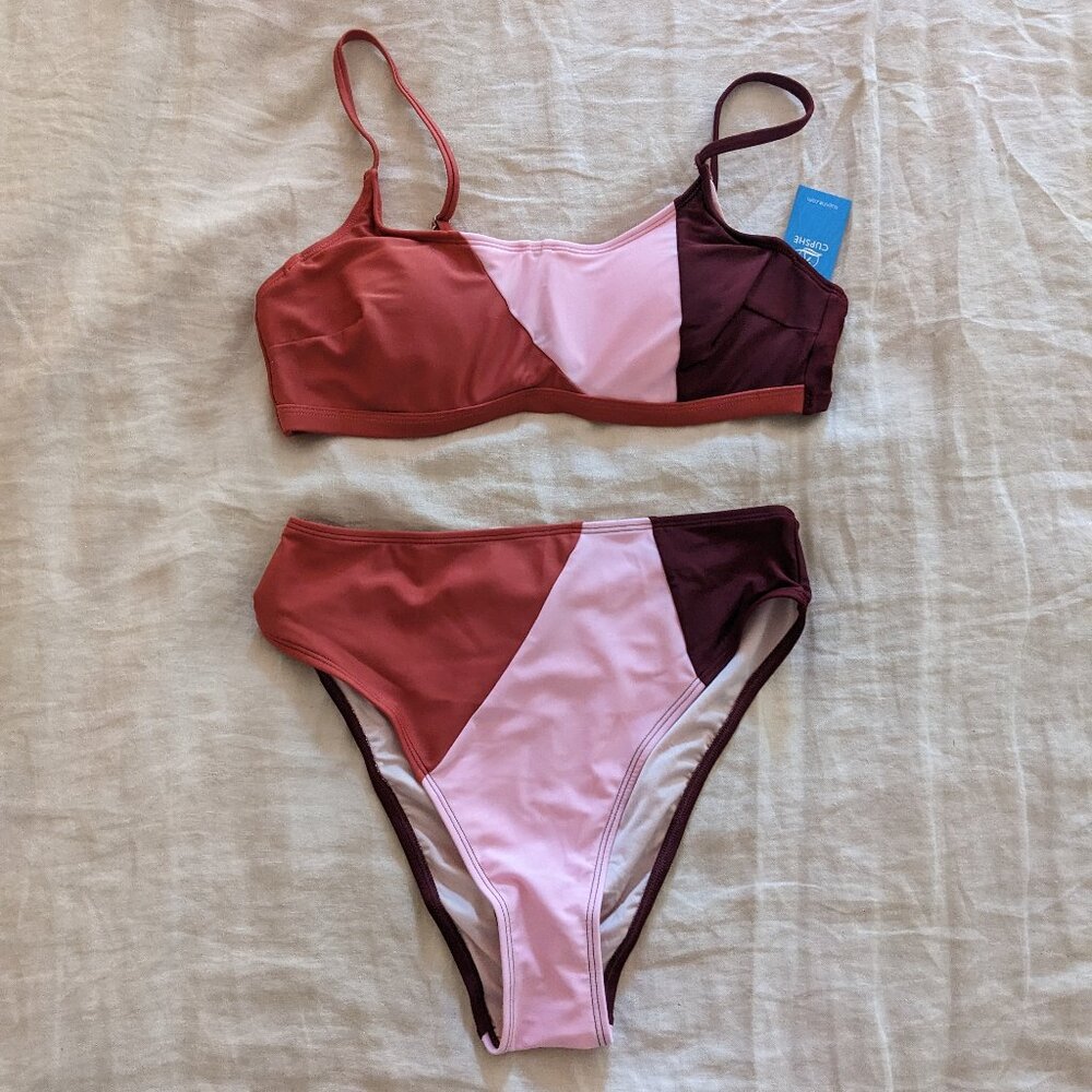 NWT Cupshe Colorblock Square Neck Bikini Top & High-Rise Bottoms Set S/M - Picture 2 of 7